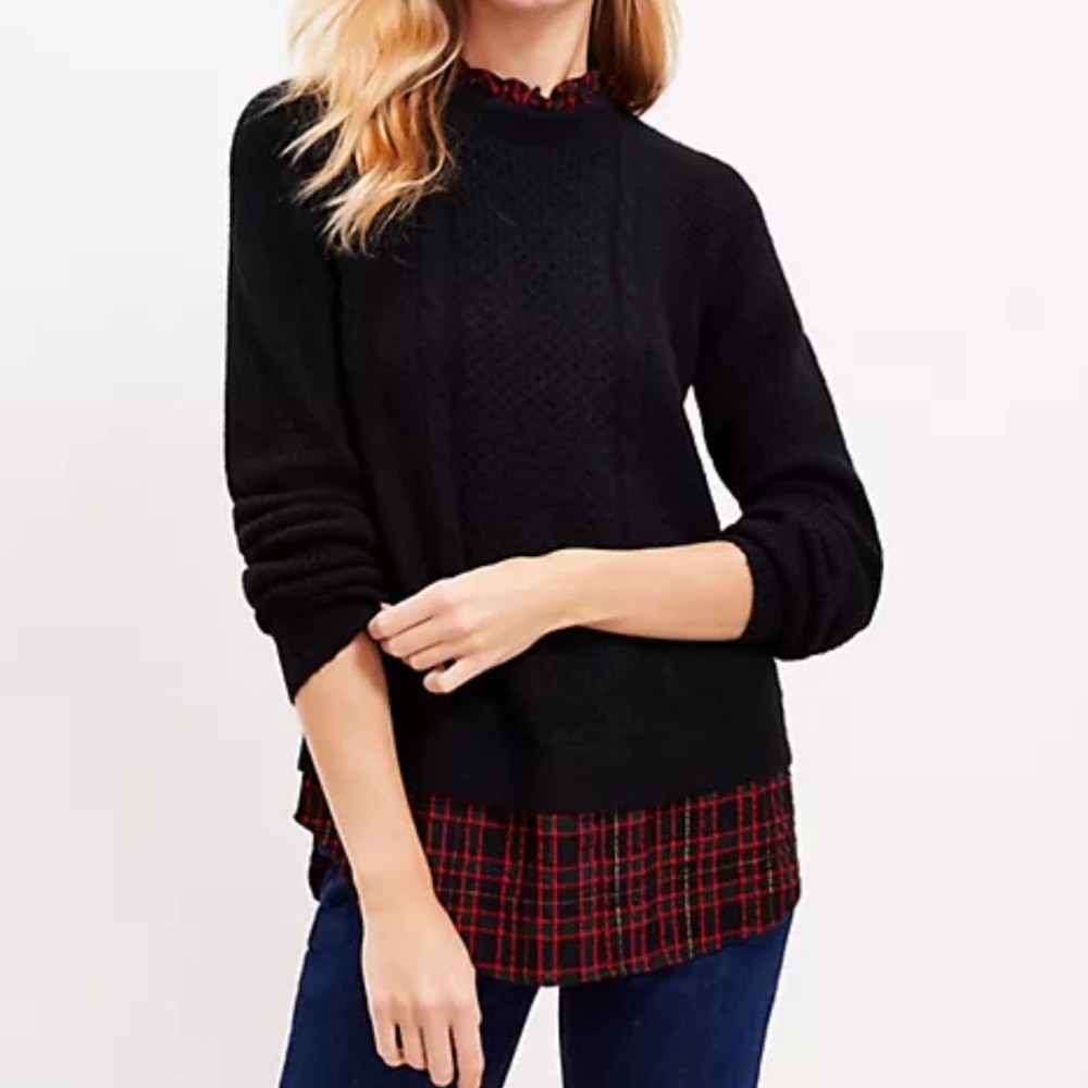 LOFT WOMENS PLAID LAYERED MIXED MEDIA-CABLE SWEATER Sz LP NEW